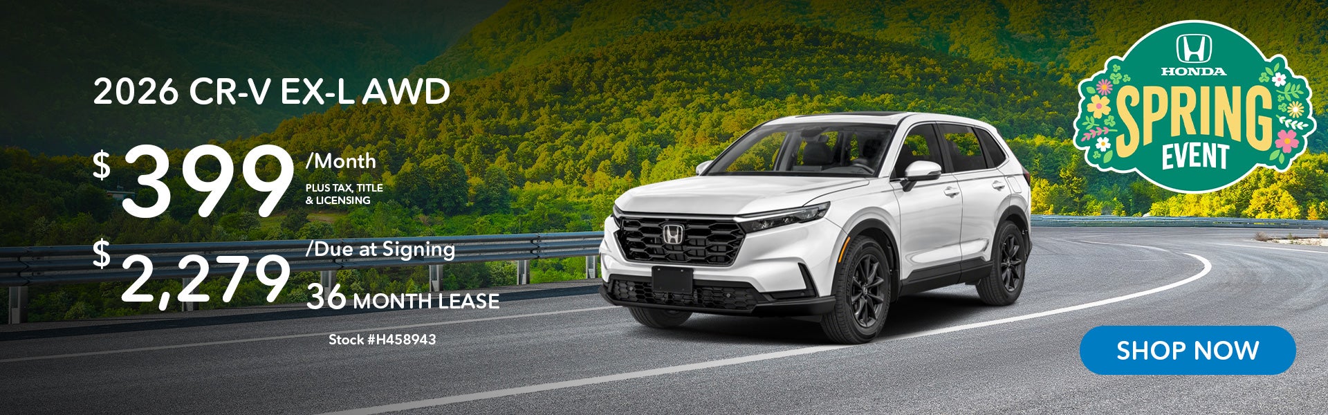 2026 Honda CR-V EX-L Lease for $399 per month for 36 months.