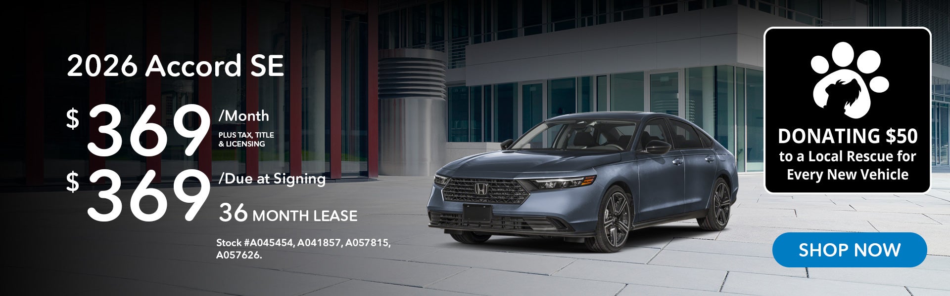2026 Honda Accord SE Lease from $369/mo, $369 due at signing