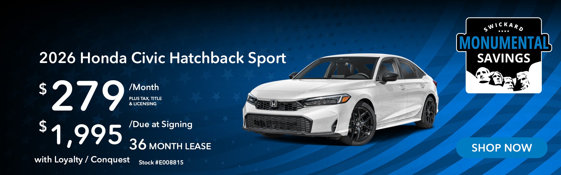 2026 Honda Civic Hatchback Sport Lease for $279 per month fo