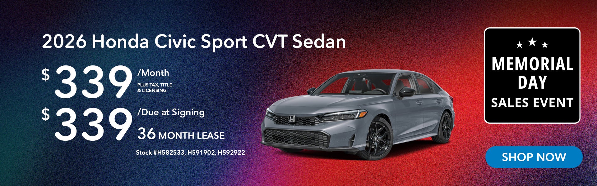 2026 Honda Civic Sport Lease from $339/mo, $339 due at signi